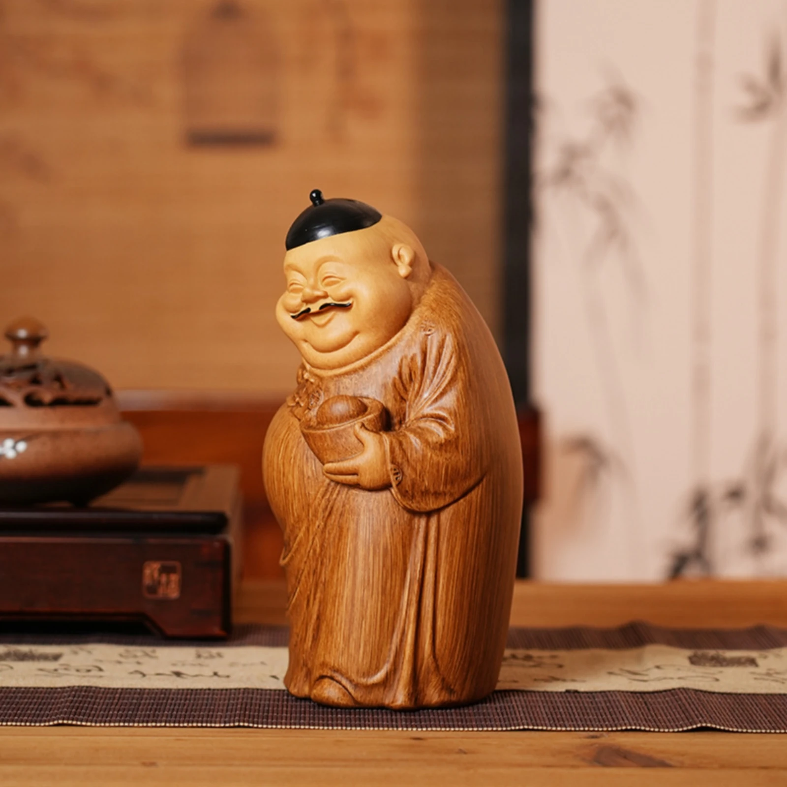 Wood-Grain Figurine Traditional Chinese Robed Figure Statue Tabletop Ornament Carved for Art Lovers, Living Room, Tea Table