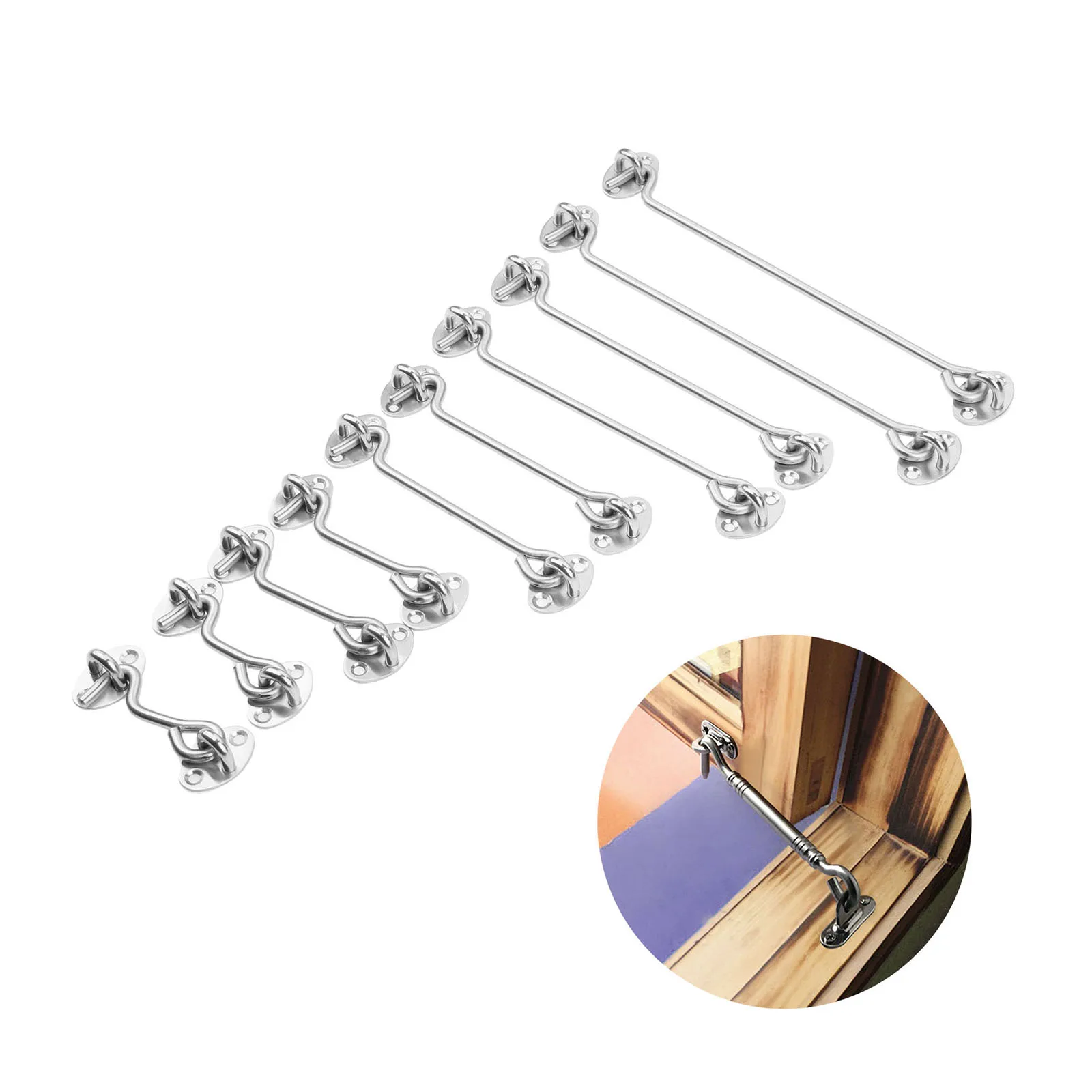 2sets Crescent window Door gate lock Cabin Hooks Eye Latch Stainless Steel safety switch 3/4/6/8/10/12/14/16In Holder with screw