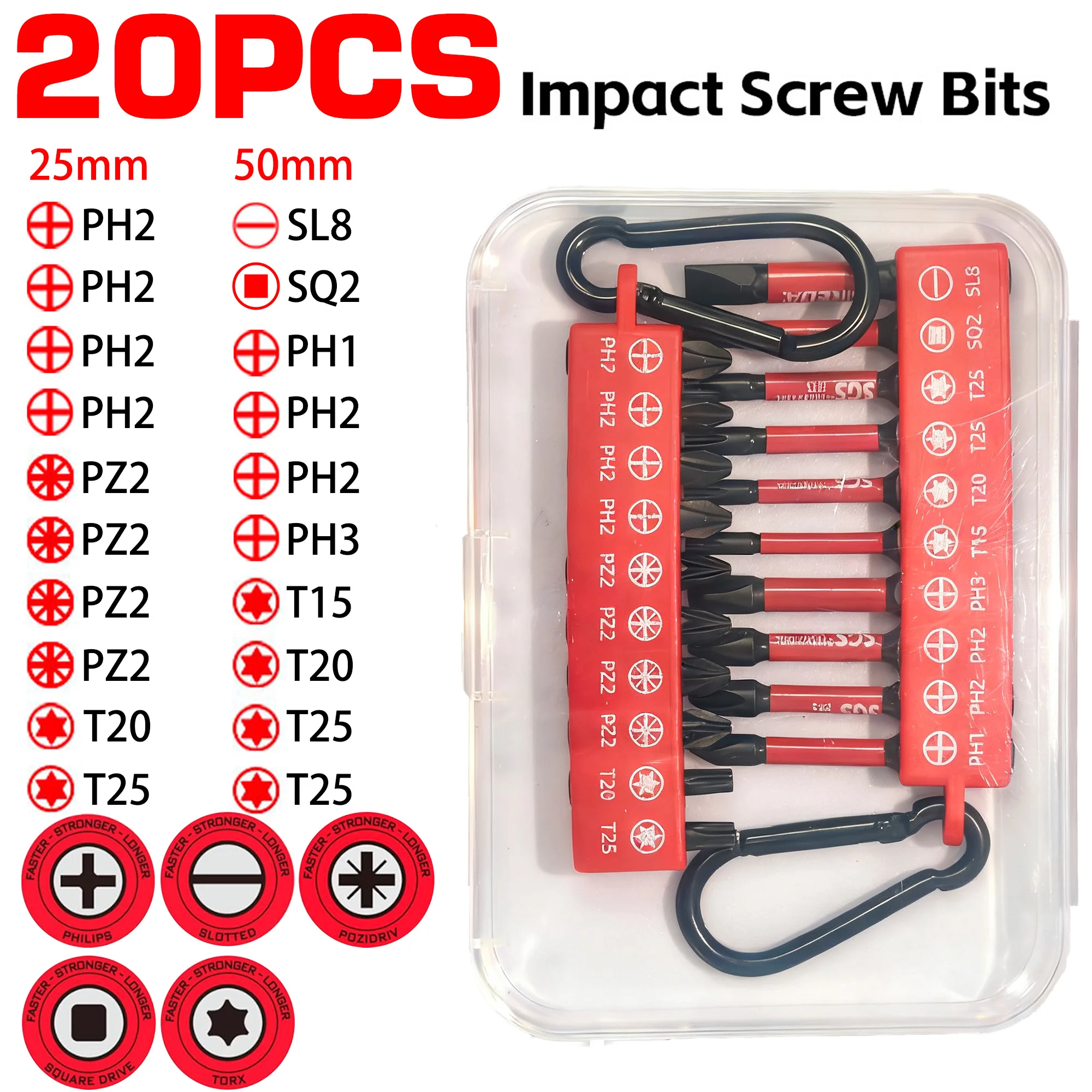 Conjunto de Pontas de Chave de Impacto de Múltiplas Especificações (10/20 Peças), Cobrindo Ph/Pz/Sl/Sq/Torx, Comprimentos Duplos de 25mm/50mm, Adequado para Vários Cenários como Reparos Domésticos / Montagem Industrial / Reparos Rápidos de Carros, Alta Re