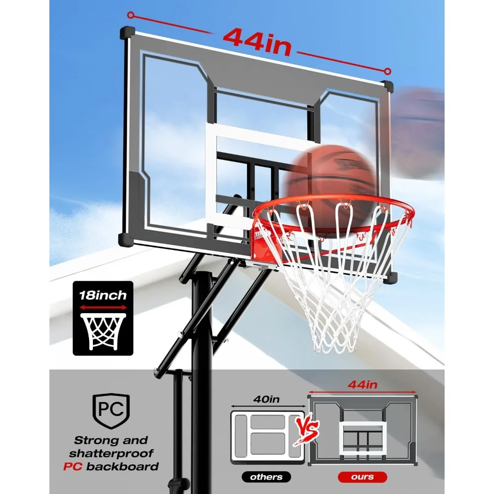 Sistema de cesta de basquete ajustável portátil - tabela inquebrável de 45", faixa de altura 4,8-10 pés para crianças brincadeiras ao ar livre