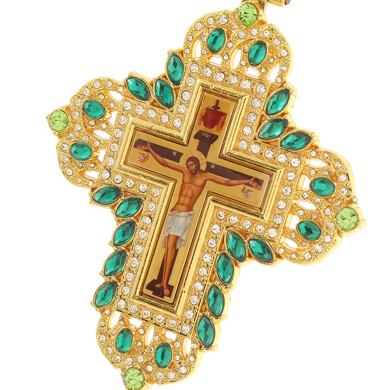 New Ornate Gold Tone Pectoral Cross Pendant with Crown, Colored Crystals and Jesus Icon for Orthodox Priests Liturgy Blessing