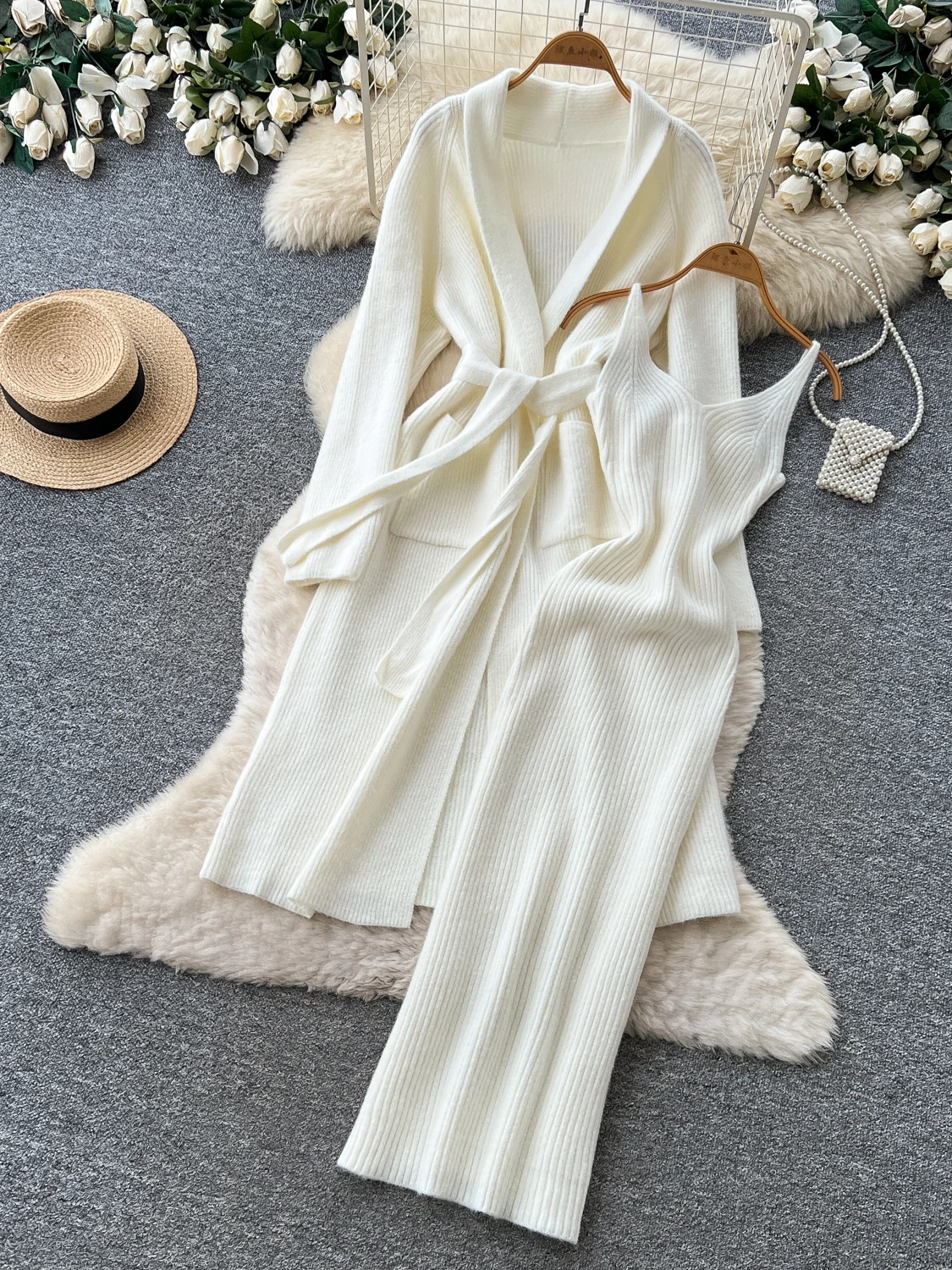 Ladies Knitted Open Cardigan Dress Set Waist Cinched Slimming Belted Outerwear Sweater Layering Two-Piece Set Lazy Style