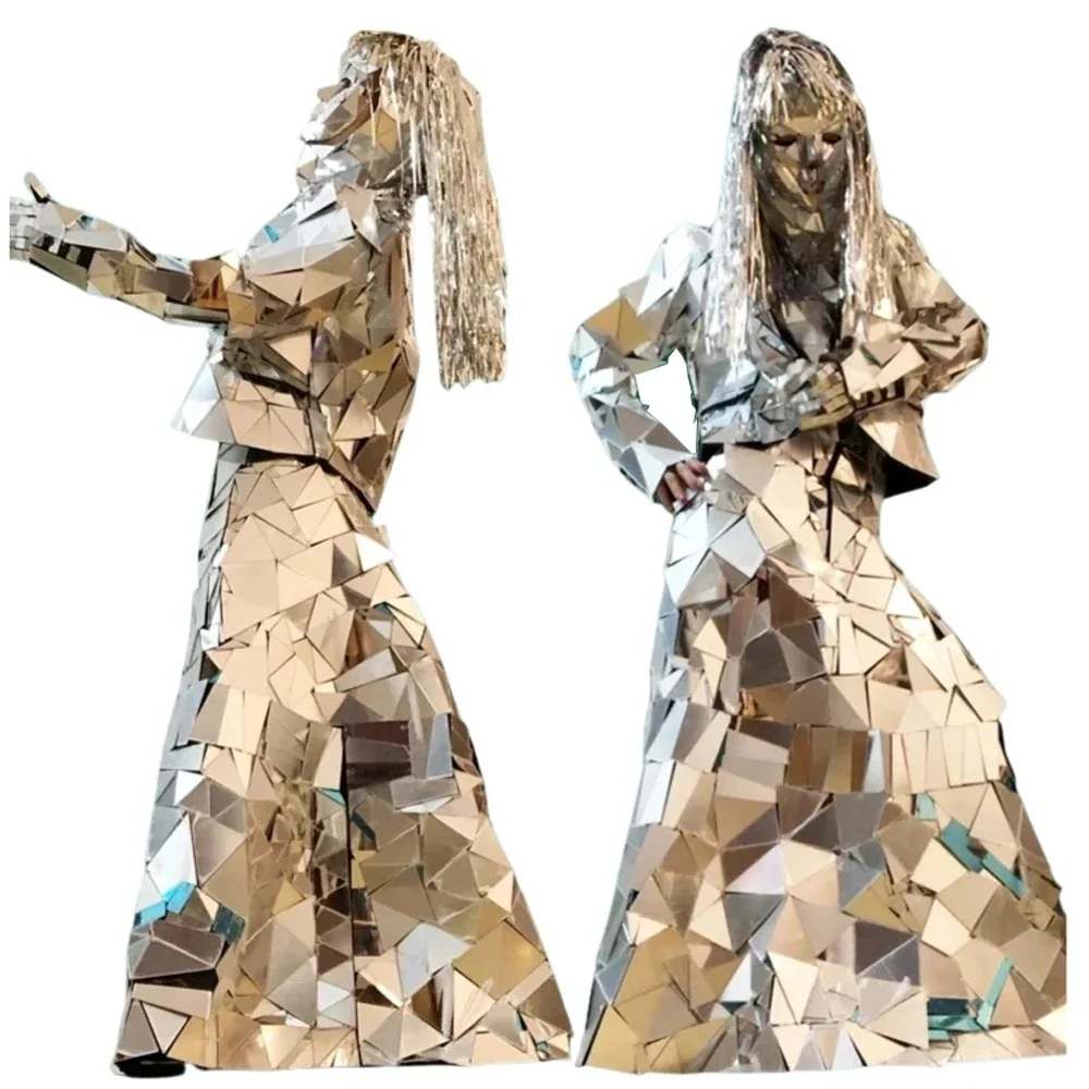Mirror Glass Dress Blue Gold Silver Shimmering  Party Club Show Outfit for Music Festivals Dance Performances Catwalk Shows