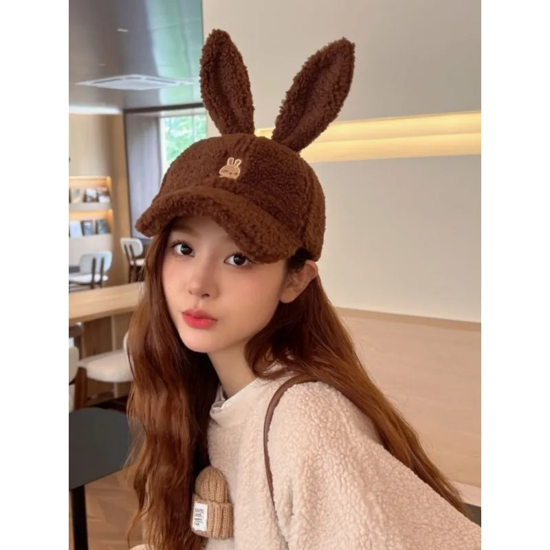 

Autumn and Winter Baseball Hat Female Cute Rabbit Ears Plush Warm Hat Simple Fashion All Match Face Small Shopping Cap