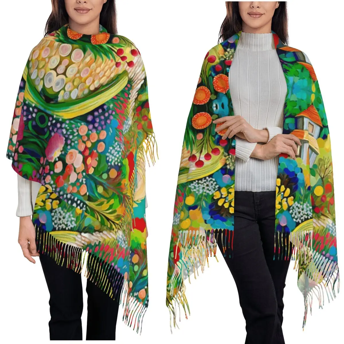 Gustav Klimt Flower Garden With Cottage Scarf Tassel Scarves for Women Soft Warm Shawls and Wraps Large Fall Winter Shawl Wrap