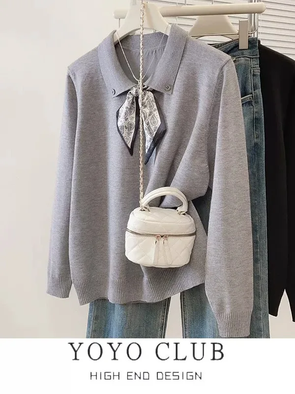 

Loose Long Sve Knitted Sweater with Belt Doll Collar Women's Autumn Winter plus Size Casual Versatile Breathable Sweater