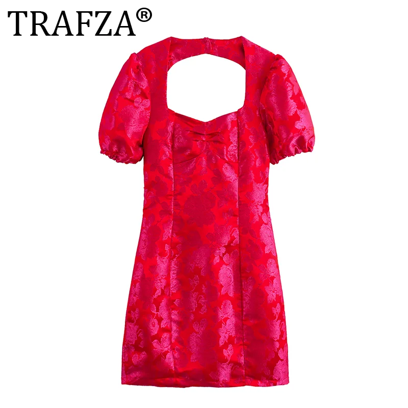 TRAFZA Women Fashion Dresses Printing Square Collar Puff Short Sleeves Backless Decorate Buttons Female Summer Sexy Mini Dress