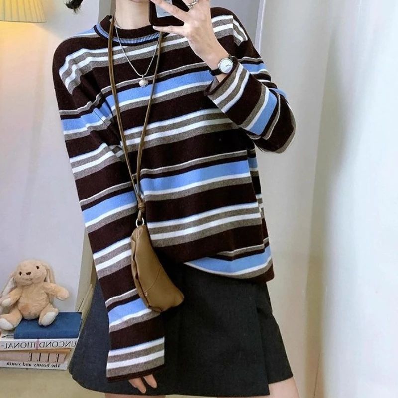 

American Retro Contrast Striped Long-sleeved Sweater 2025 Autumn Women's Knitted T-shirt
