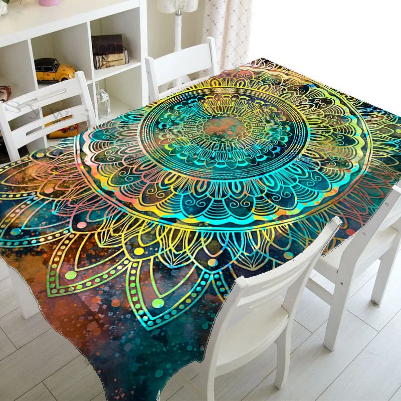 Psychedelic Mandala Stain Resistant Tablecloth Mandala Pattern Rectangular Table Mat Kitchen Holiday Party Decor Tablecloth