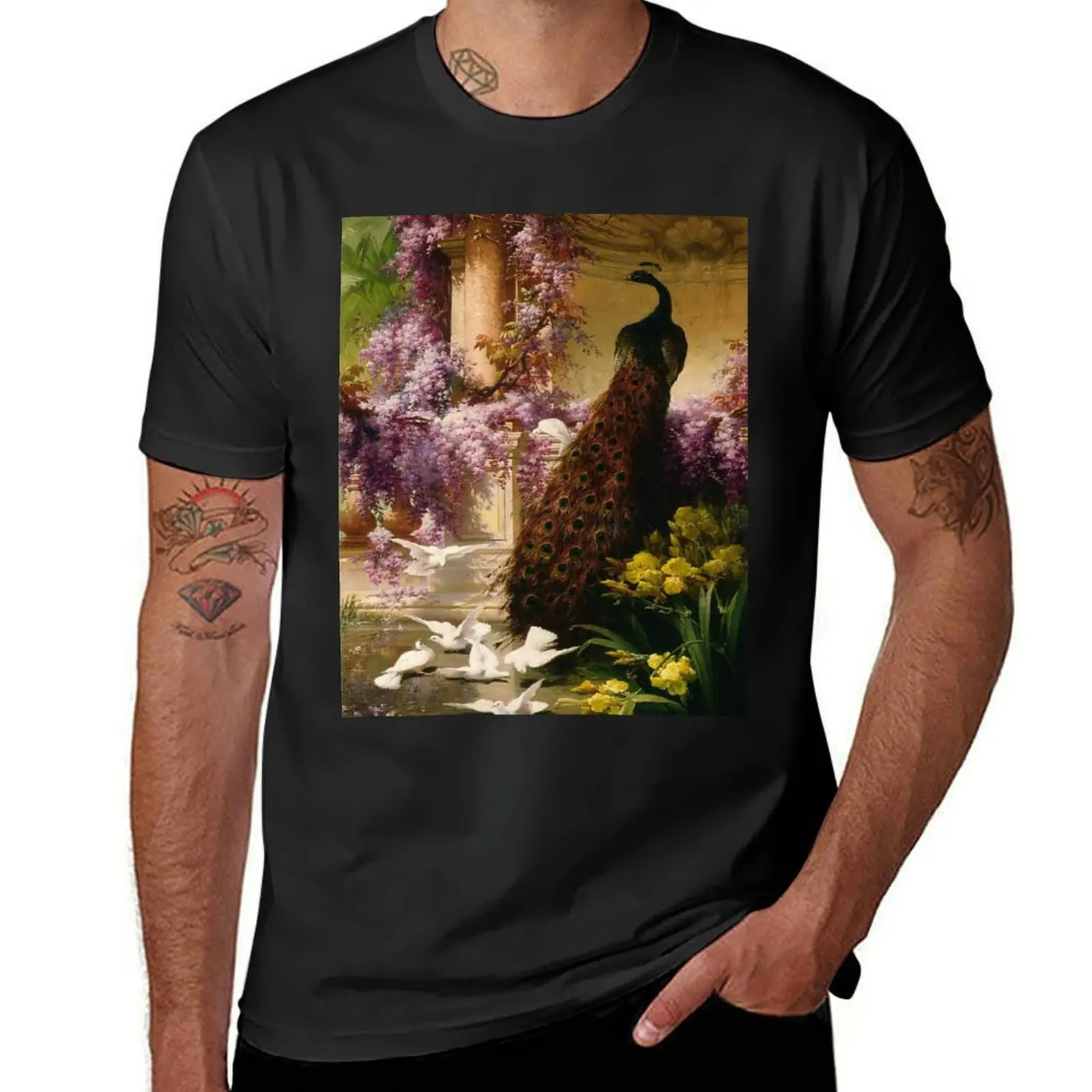 Eugene Bidau's A Peacock and Doves in a Garden T-Shirt funnys Blouse mens white t shirts