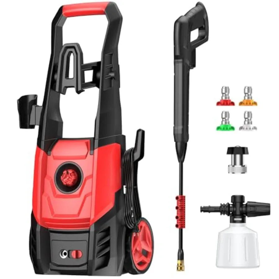 Portable Electric Pressure Washer with Foam Cannon and 4 Quick Connect Nozzles for Efficient Outdoor Cleaning of Cars Driveways