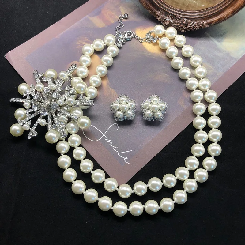 Retro vintage multi-layered pearl diamond snowflake pendant brooch necklace removable pearl earring