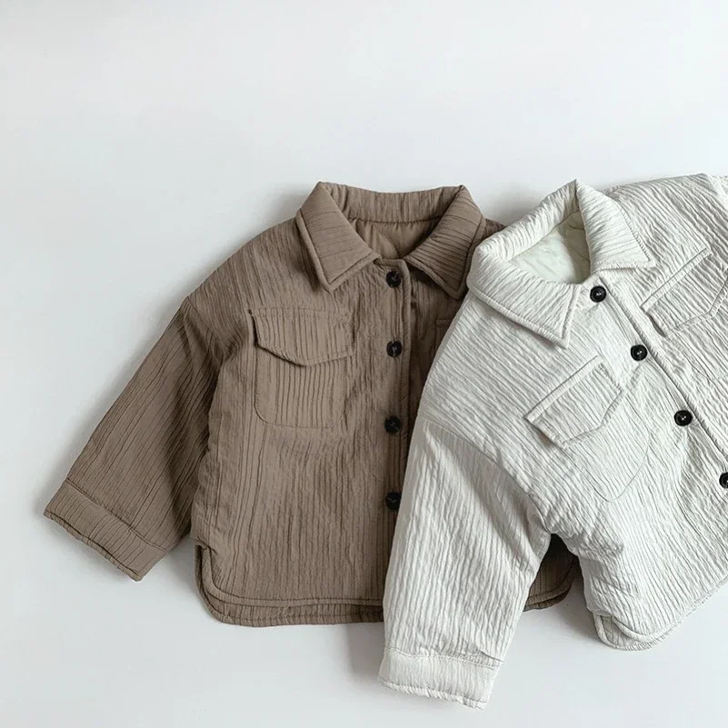 

Winter 2025 New Children Lapel Shirts Coat Plus Velvet Thick Boys Girls Cotton Padded Jacket Solid Baby Warm Tops Kids Clothes