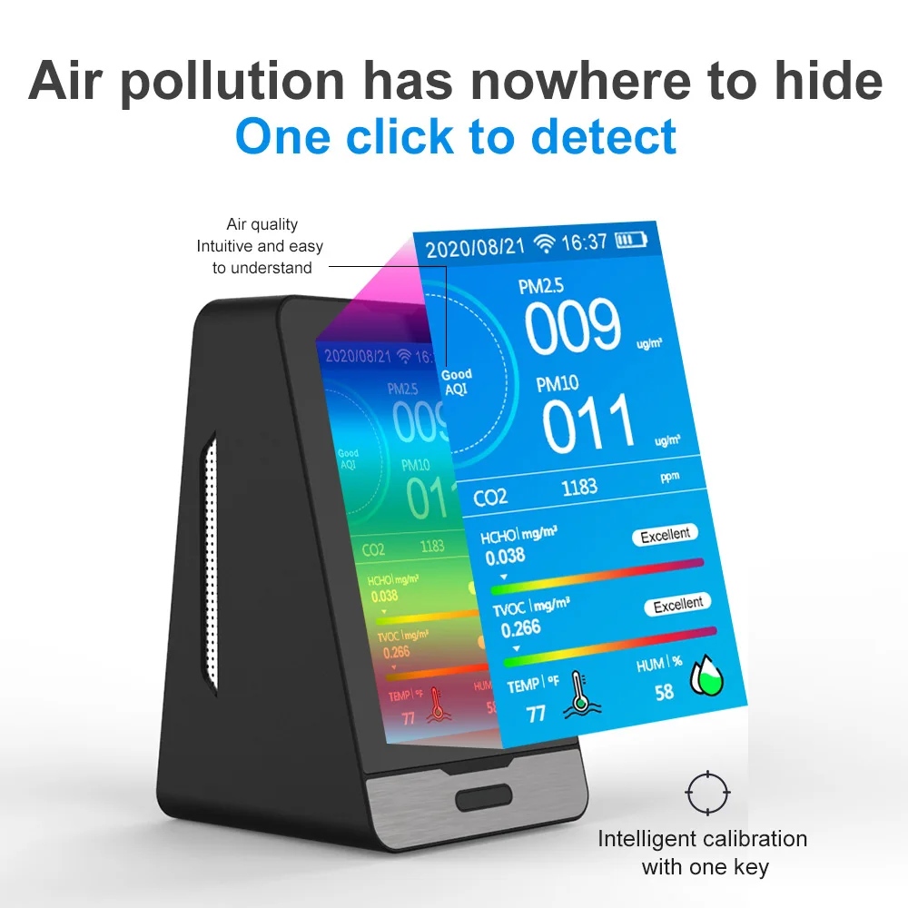 smart wifi connected CO2 monitor Air Quality monitor PM2.5 TVOC HCHO gas analyzer for school hospital office home T/F switch