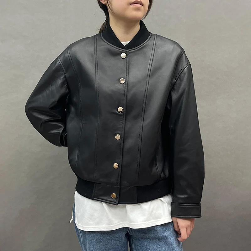 

2023 Autumn Winter Genuine Sheepskin Leather Jackets New Design Golden Color High Collar Leather Coat GT5160