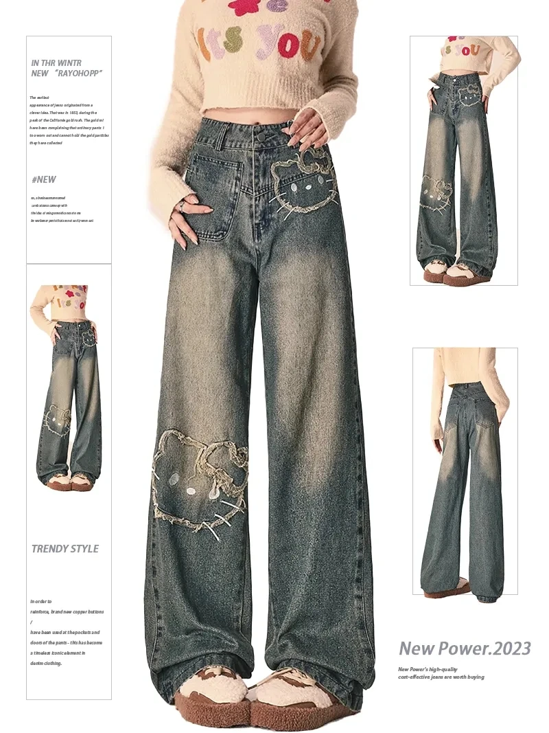 Hallo Kitty Y2K Jeans Sanrios Anime Kawaii Amerikanischen Stil Vintage Frauen Hosen Frühling Herbst Hohe Taille Trend Lose Wischen Hosen