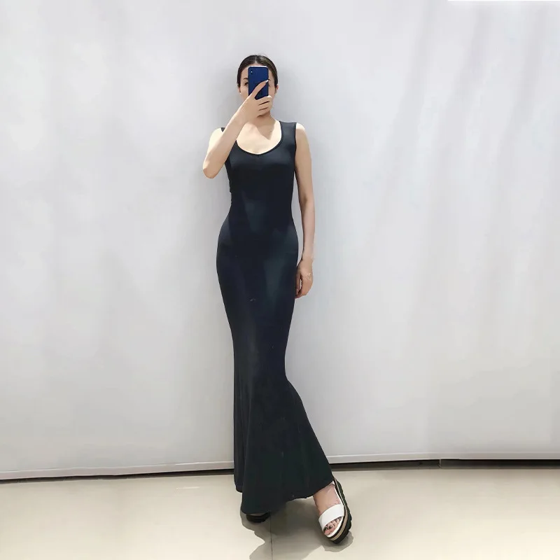 7564 Thai Style Water Drop Square Neck Slimming Off-Shoulder Sleeveless Waist-Cinching Bodycon Mermaid Tank Long Dress Summer