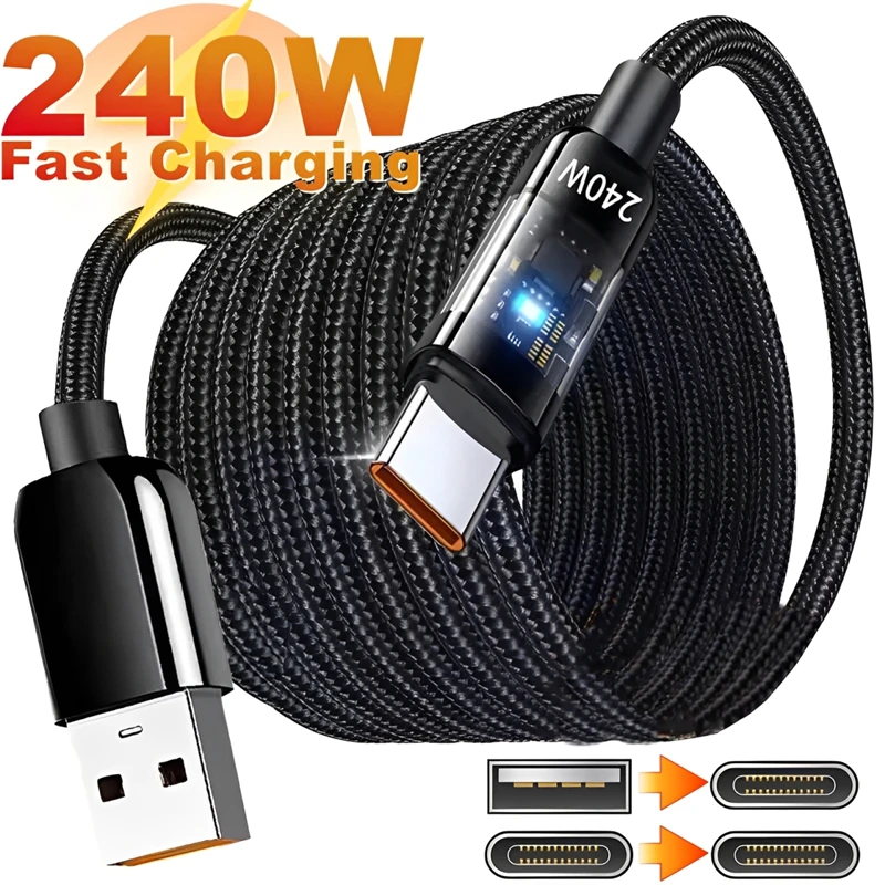 240W USB C To Dual Type C Data Cable Fast Charging PD TypeC Phone Charger Line for Samsung Xiaomi Transparent Quick Charge Cord
