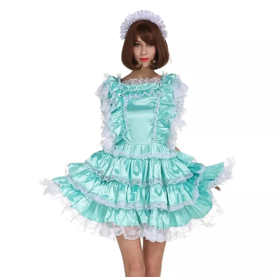 Sexy sissy French maid blue satin short sleeved lockable lace multi-layer ruffle edge dress maid cosplay costume customizable