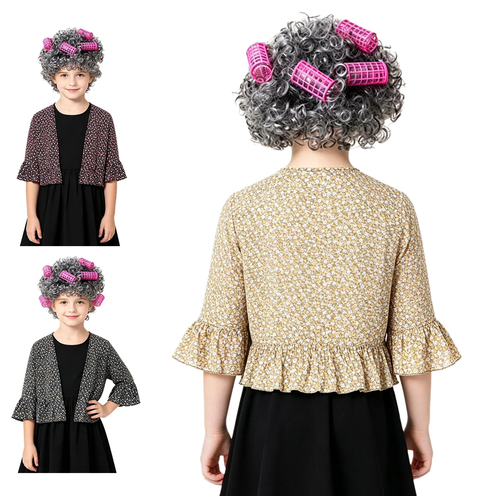 

Girls Cosplay Costume Old Lady Short Ruffled Floral Open Front Cardigan Top Granny Role Play Outfit for Halloween