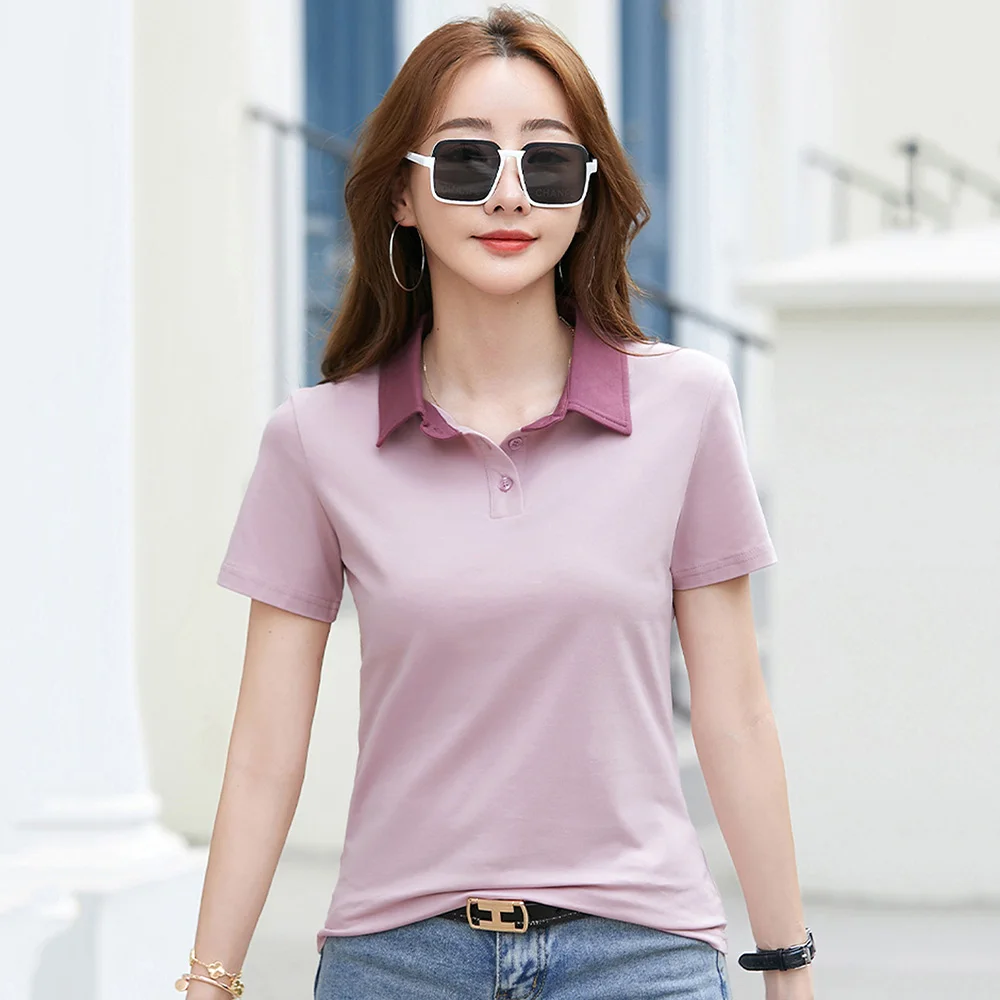 

New Women Summer Polo T-shirt Fashion Contrast Color Turn-down Collar Short Sleeve Tees Tops Simplicity Casual Cotton T-shirt