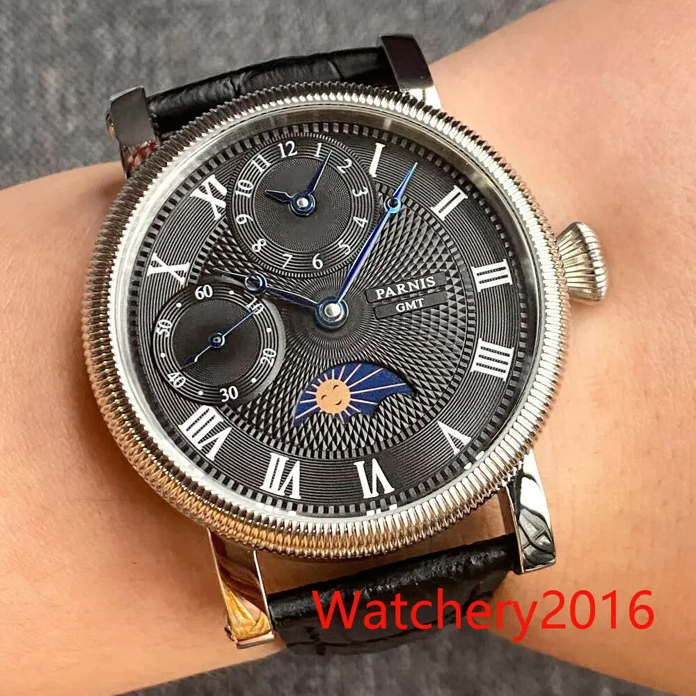 Parnis New Multifunction Manual Mechanical Watch Black Dial Month Year Function Steel Mens Watch Leather Strap