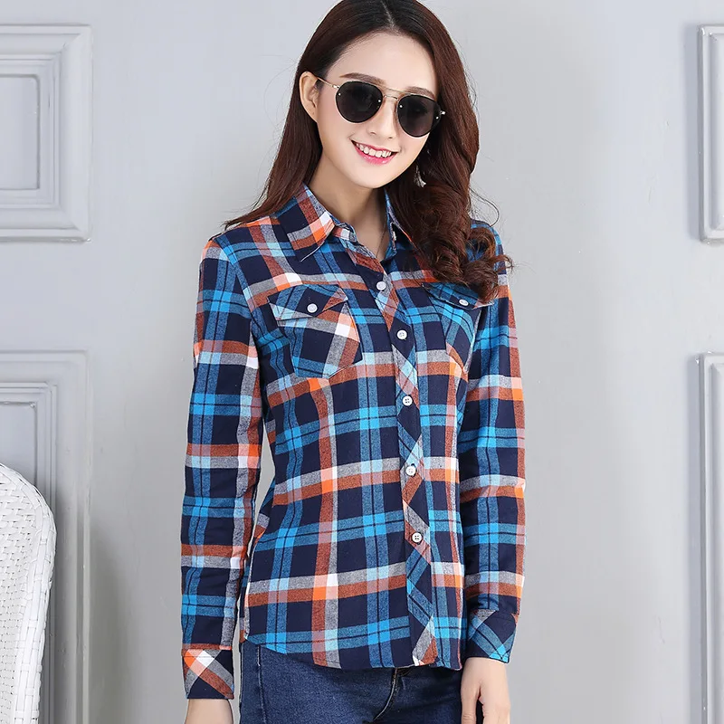 2023 New Hot Sale Women\'s Shirts Tops Cotton Flannel Long sleeve Plaid Shirt Elegant Female College Style Basic Blouses Clothes