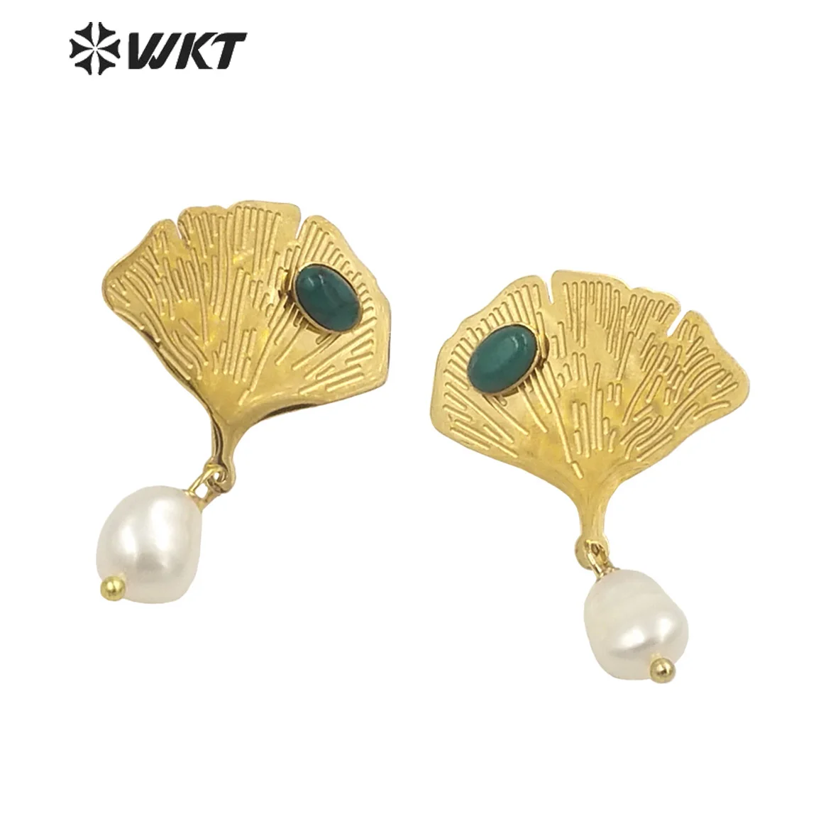 

WT-MPE115 Special Lovely Apricot Leaf Design 18k Gold Plated And Pearl&Colored Beads Mid-Length Women Earrings