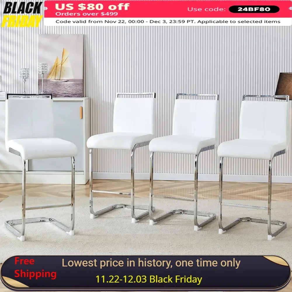 

Bar Stool Set of 4, Counter Height Stools with Backs, PU Kitchen Chairs with Chrome Plated Metal Leg, Bar Stool