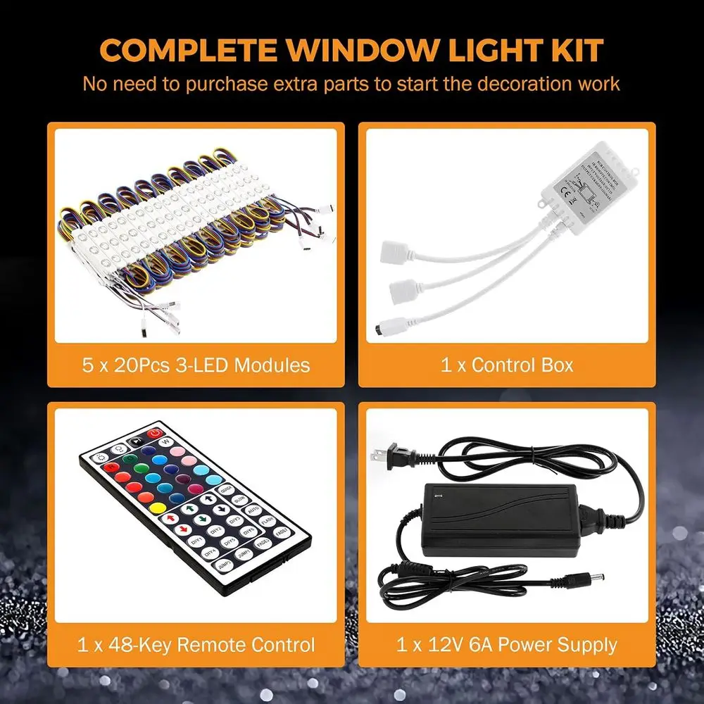 50t Commercial RGB Storeront Light Kit or Businwith Remote Control, 12v Power Supply Transormer, 100Pcs 3-LED Outdoor Adhesive W