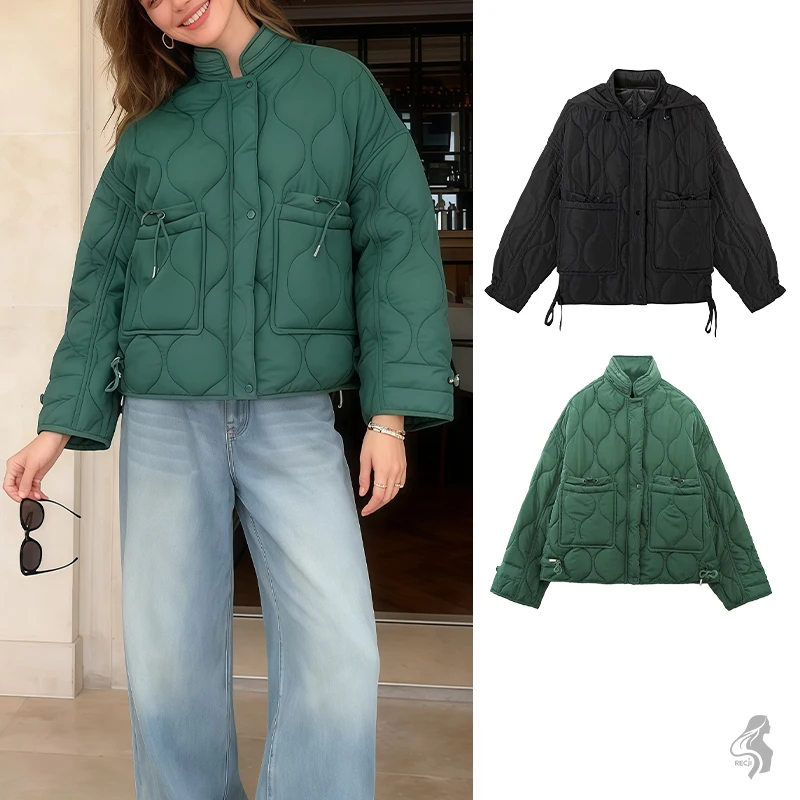 

Womens Wave Quilted Jacket With Stand Collar Drawstring Pockets Loose Short Warm Cotton Coat For Commuting Woman Clothes