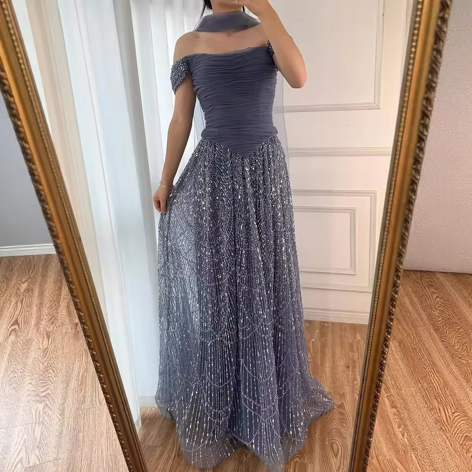 

Customized Luxury Women's Evening Dress Off Shoulder Beaded Wedding Party Gown A Line Formal Occasion Arabic Prom Dress