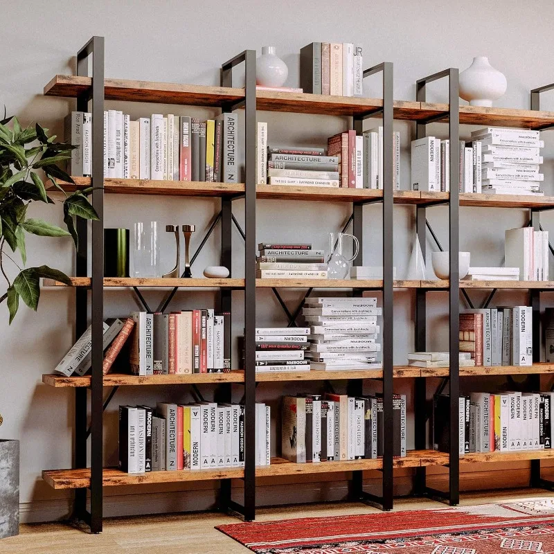 Industrial Bookshelf and Bookcase Double Wide 5 Tier, Large Open Shelves, Wood Metal Bookshelves for Home Office Furniture