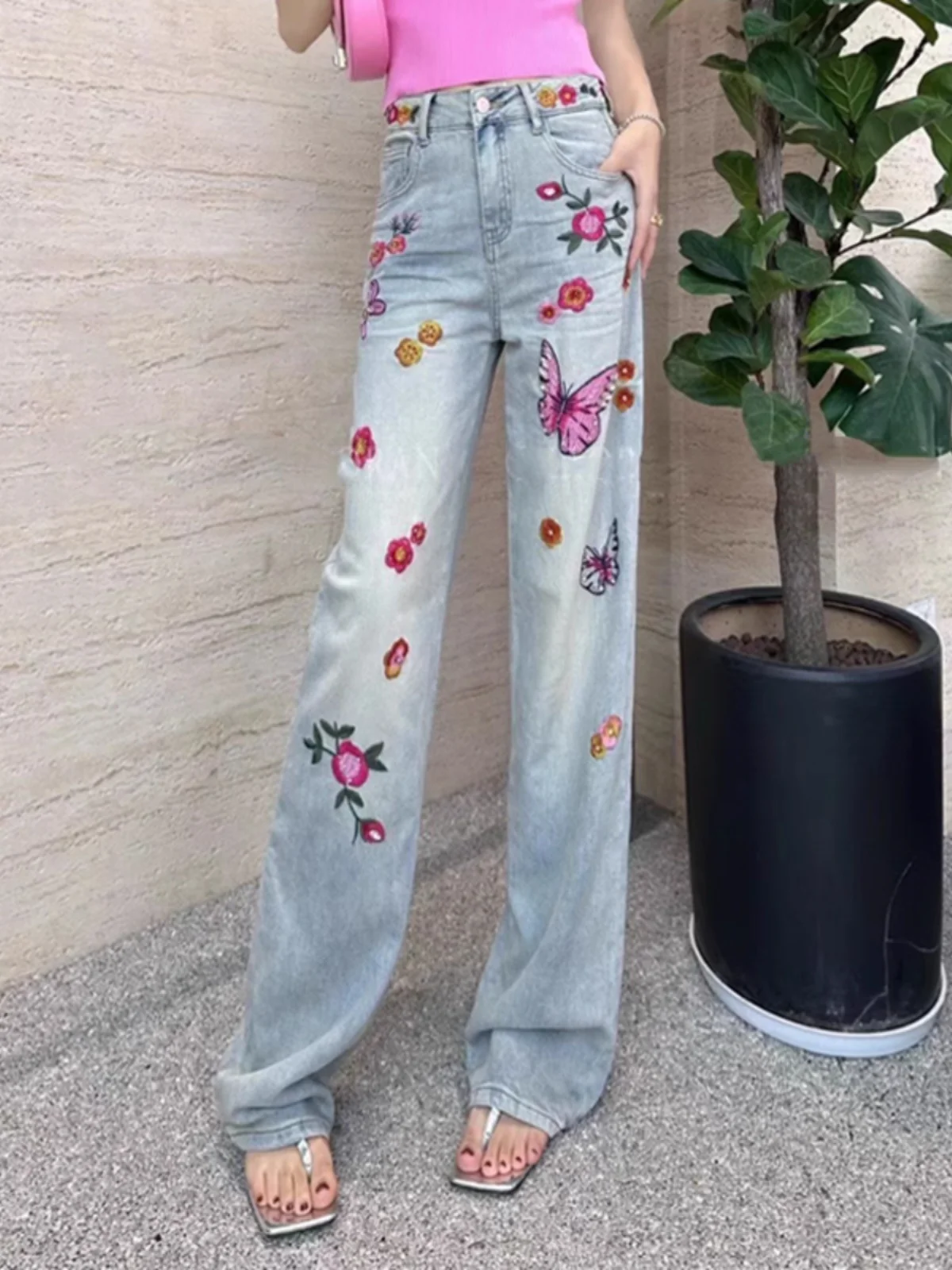 

Модные вышитые джинсы с широкими штанинами для женщин, летние, новые, с высокой талией, длинные брюки, с алмазным термотрансферным принтом, антимикробный деним