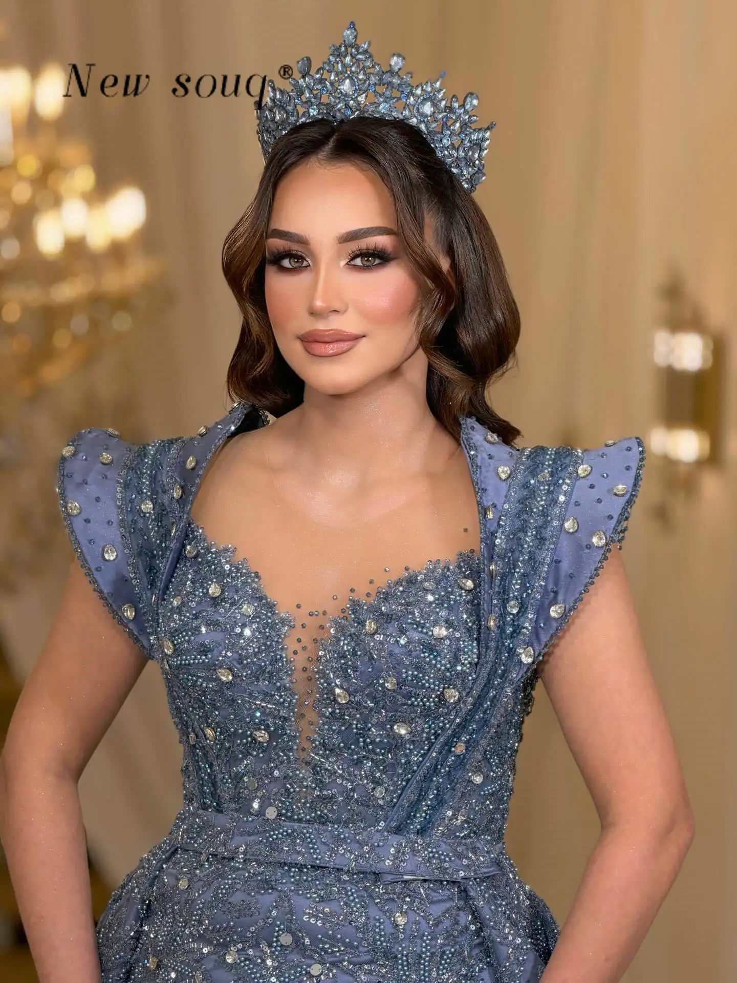 

Arabic Turkey Dark Pastel Blue Evening Dresses with Overskirt Customized Crystals Beaded Party Dress Elegant Prom Gown for Women