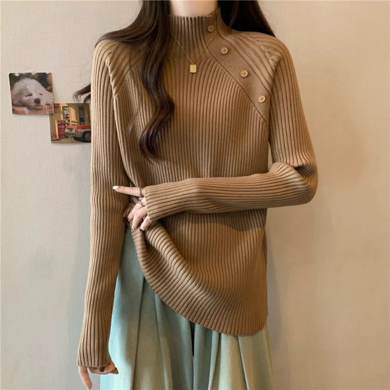 Turtleneck Screw Thread Long Sleeve Button Women's Autumn Winter Solid Color Pullover Sweater Casual Undershirt Office Lady Tops