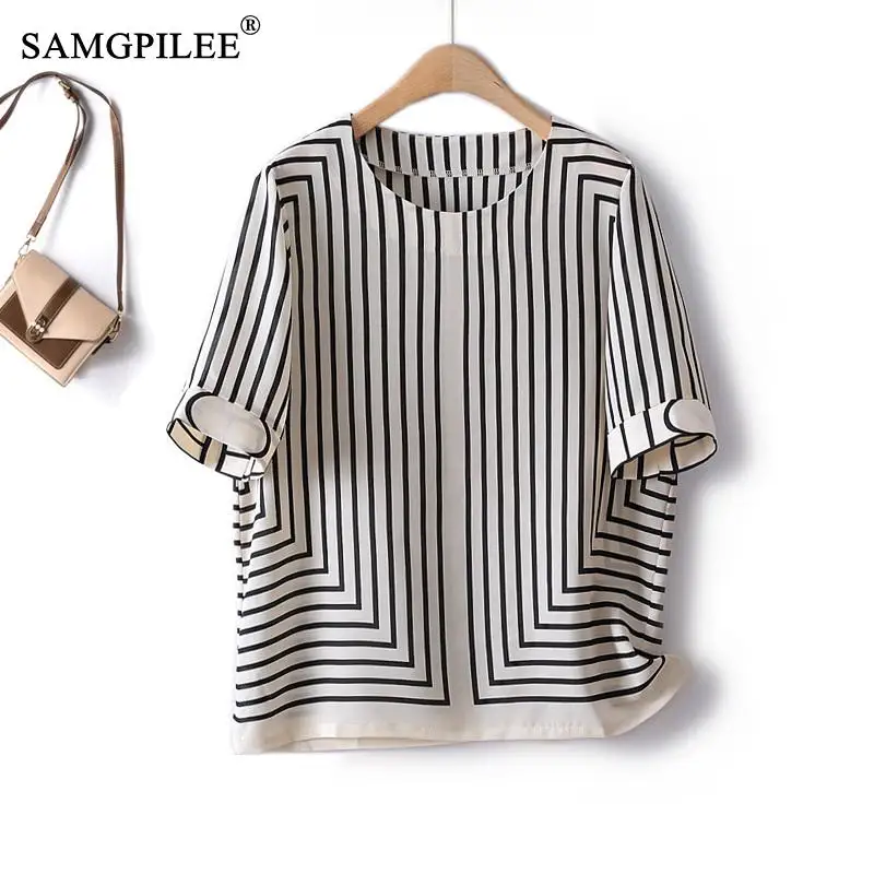 

Fashion Woman Blouse 2023 New Striped Chiffon Slim Vertical Pattern Short Sleeved Straight Tube Thin Elegant Casual Tops Women
