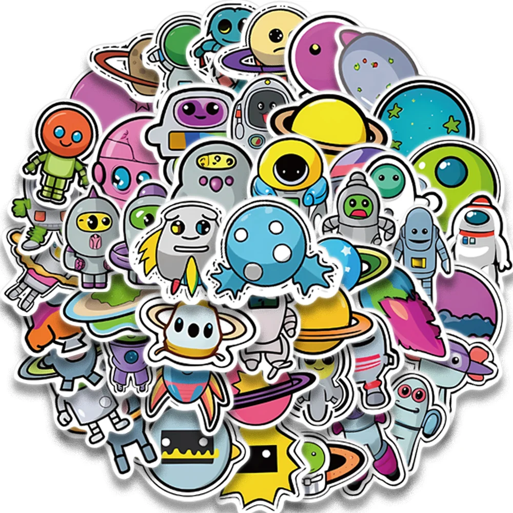 50pcs Colorful Outer Space Planet Stickers for Motorcycle Luggage Guitar Skateboard Waterproof DIY Cartoon Alien Astronaut Gift