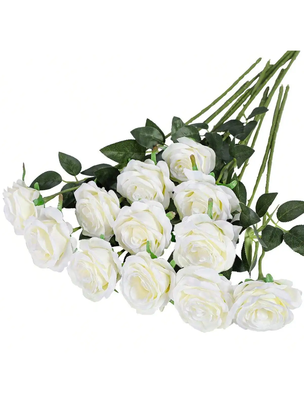 12PCS Artificial Silk Flowers Realistic Roses Bouquet Long Stem for Home Wedding Decoration Party (White)