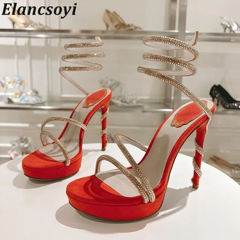 Thin Heels Platform Sandals Women's Shiny Crystal Decor Ankle Snake Shaped Winding Sexy High Heels Banquet Shoes Sandalias