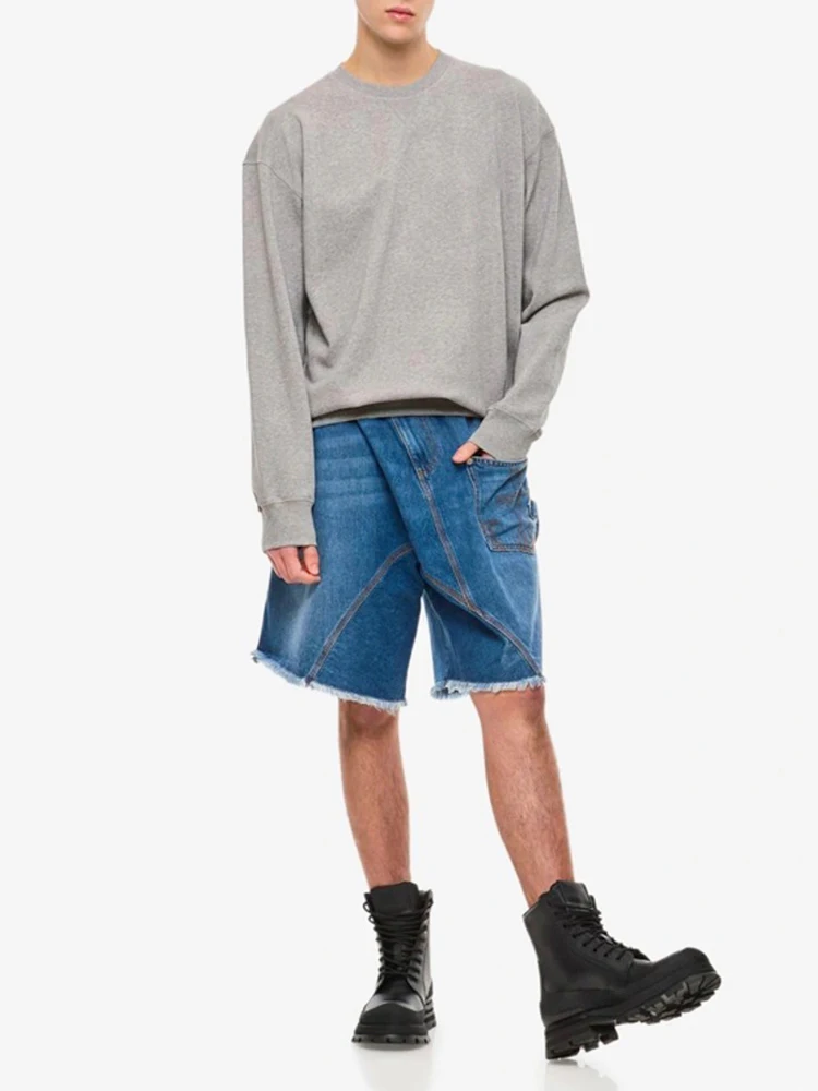 ReddaChic sfilacciato Patchwork irregolare pantaloncini di Jeans uomo baffi asimmetrici Casual estate vita bassa Jeans larghi jords vestiti retrò