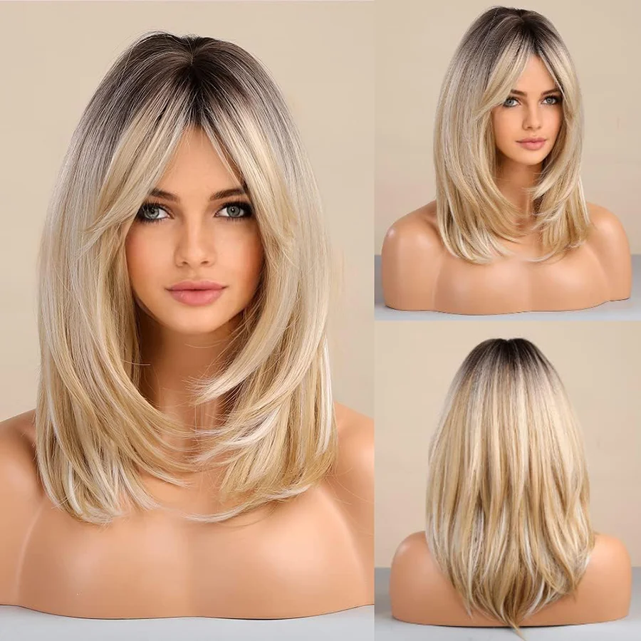 14inch Long Layered Blonde Wigs for Women Synthetic Hair Wig with Bangs Natural Wavy Heat Resistant Wigs for Daily Party Use