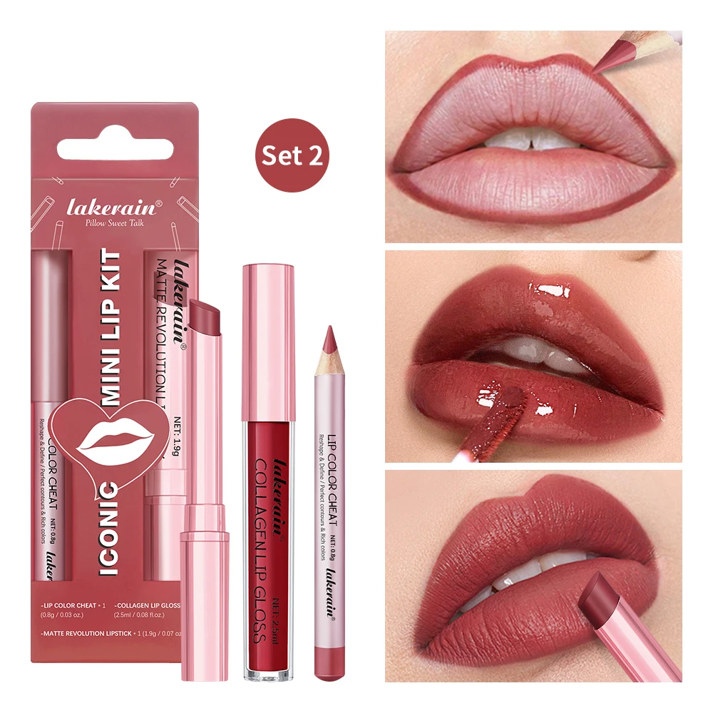 Iconic Mini Lip Kit ยาวนานกันน้ํา Natural Lip line ลิปสติก Lip gloss แต่งหน้าชุดแบบพกพาแต่งหน้า 3 ชิ้น/เซ็ต
