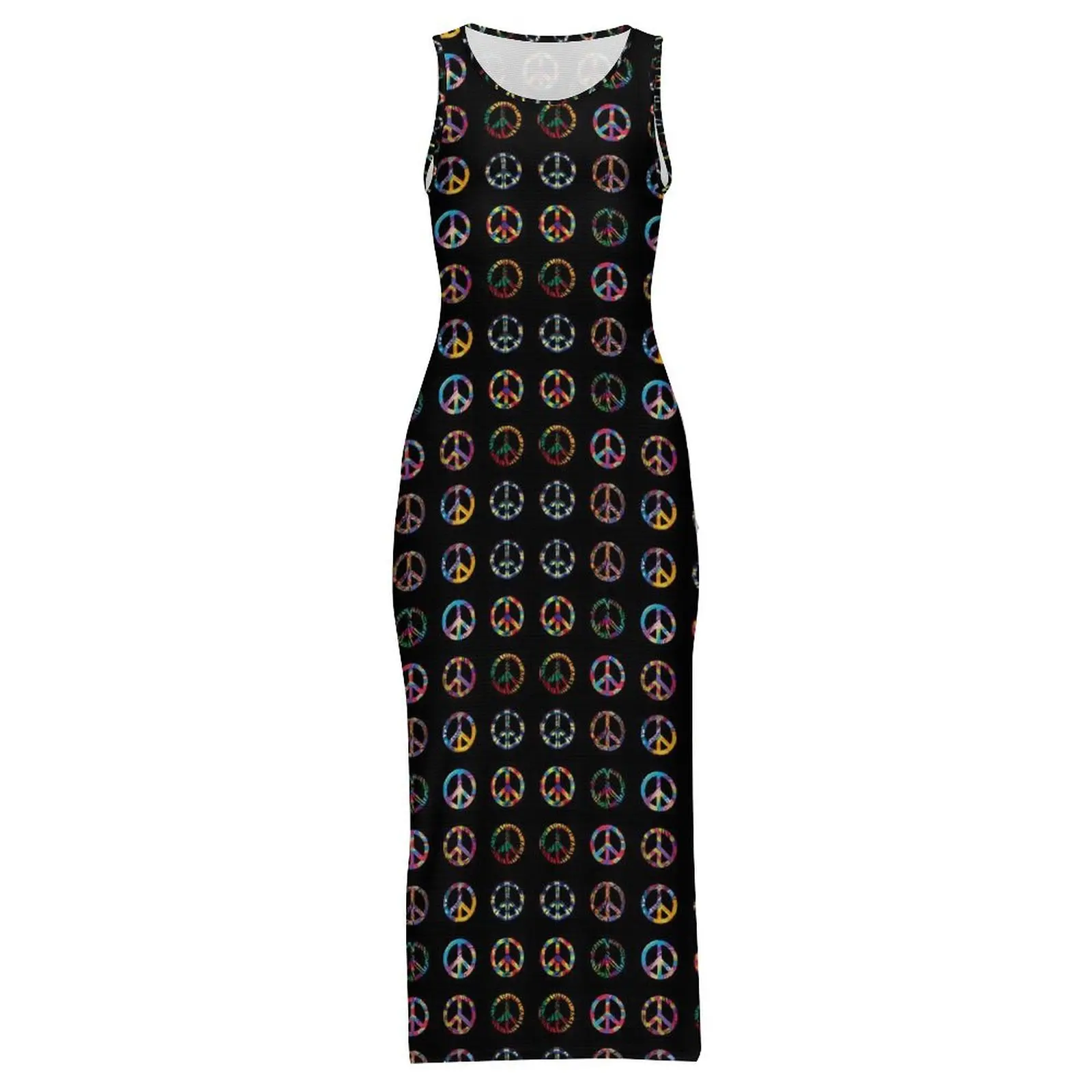 Peace Signs Dress Sleeveless Groovy Retro Print Cute Maxi Dresses Summer Casual Y2k Design Bodycon Dress Big Size