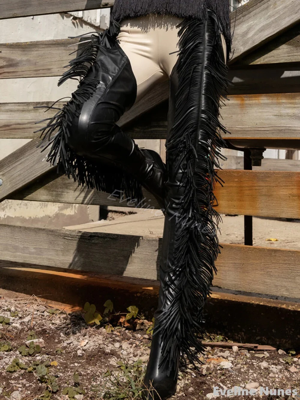 

Sexy Tassel Over-the-knee Belted Boots Women Pointed Toe Stiletto Heel Side Zipper Black Trouser Boots 2025 Fashion Party Boots