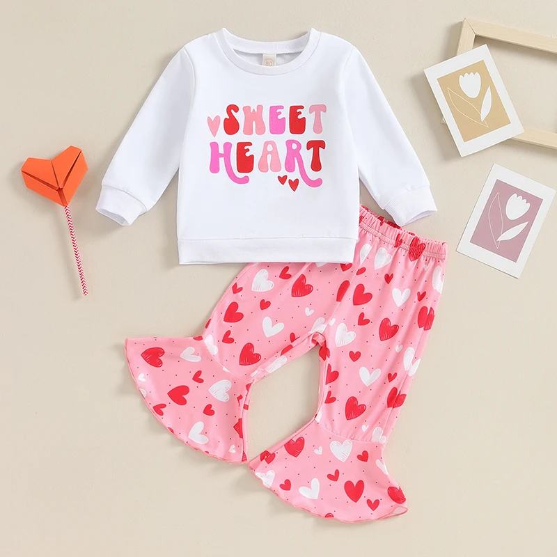 Valentine s Day Toddler Girls Outfit Set with Heart Print Long Sleeve Sweatshirt and Pants Featuring Letter Print