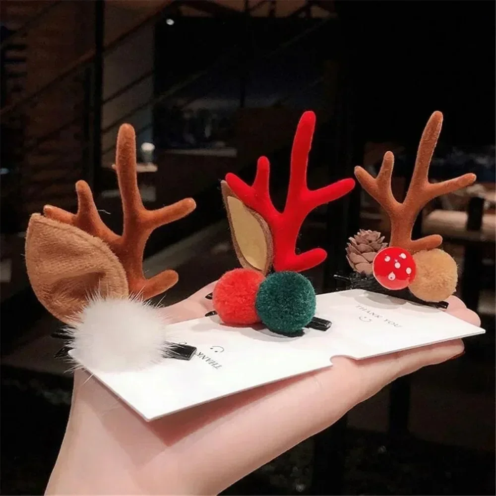 2pcs Christmas Hair Clips Cute Antler Deer Ear Hairpin Santa Claus Snowman Barrettes for Girls Kids Headwear Hair Accessories