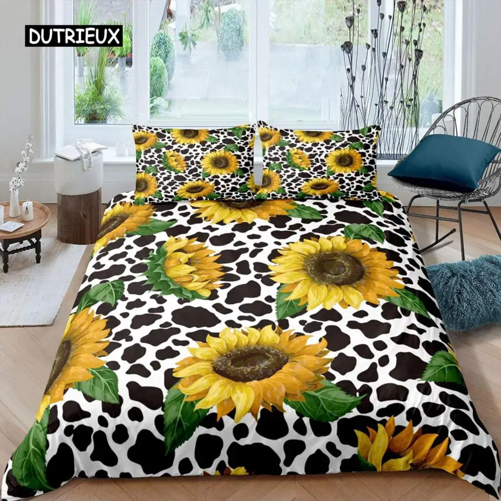 

Sunflower Duvet Cover Set Queen Set Milk Cow Comforter Cover Black White Abstract Bedding Set Plant Leaf Polyester Quilt Cover