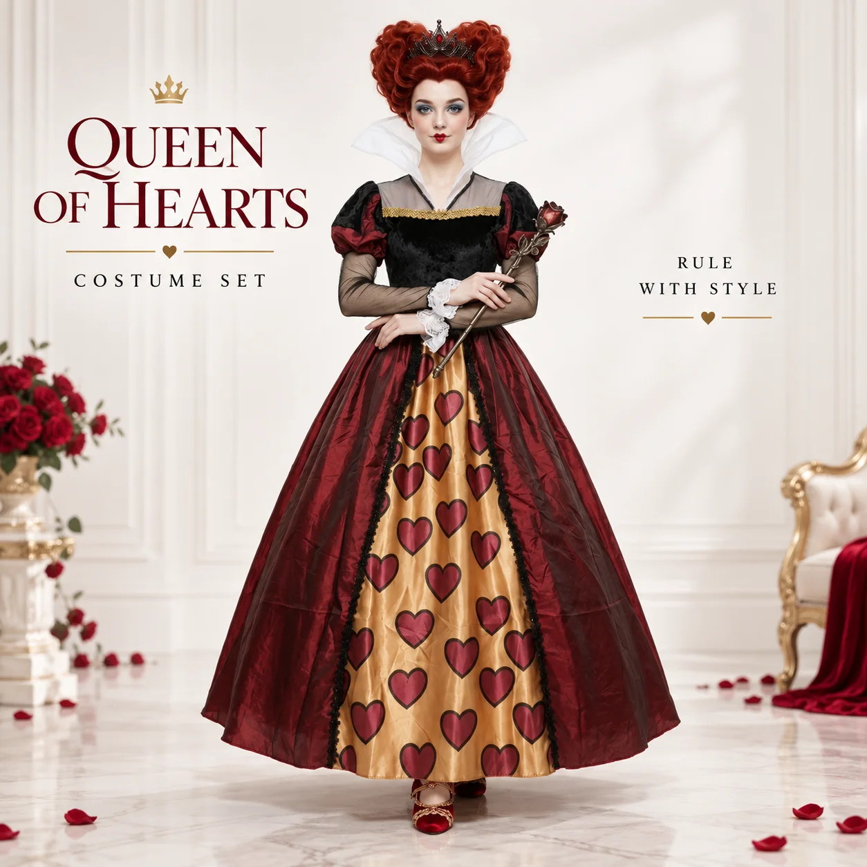 Set di abiti da sera eleganti per signore, abito vintage rosso e nero con corona e scettro, costume per cosplay, ideale per feste in maschera di Halloween.