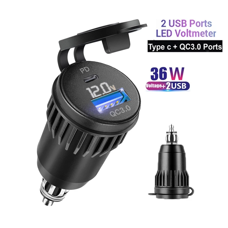 PD 3.0 Type C USB Fast Charger Din to USB and 18W QC 3.0 Power Outlet with Voltmeter for 12V-24V Ducati BMW Motorcycle